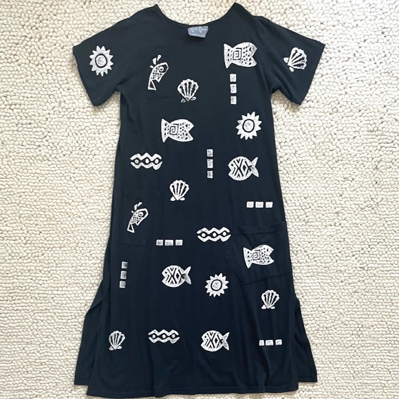 Vintage Cover Charge Ocean Hand Printed Tunic Dress, Large Black White - Picture 3 of 12